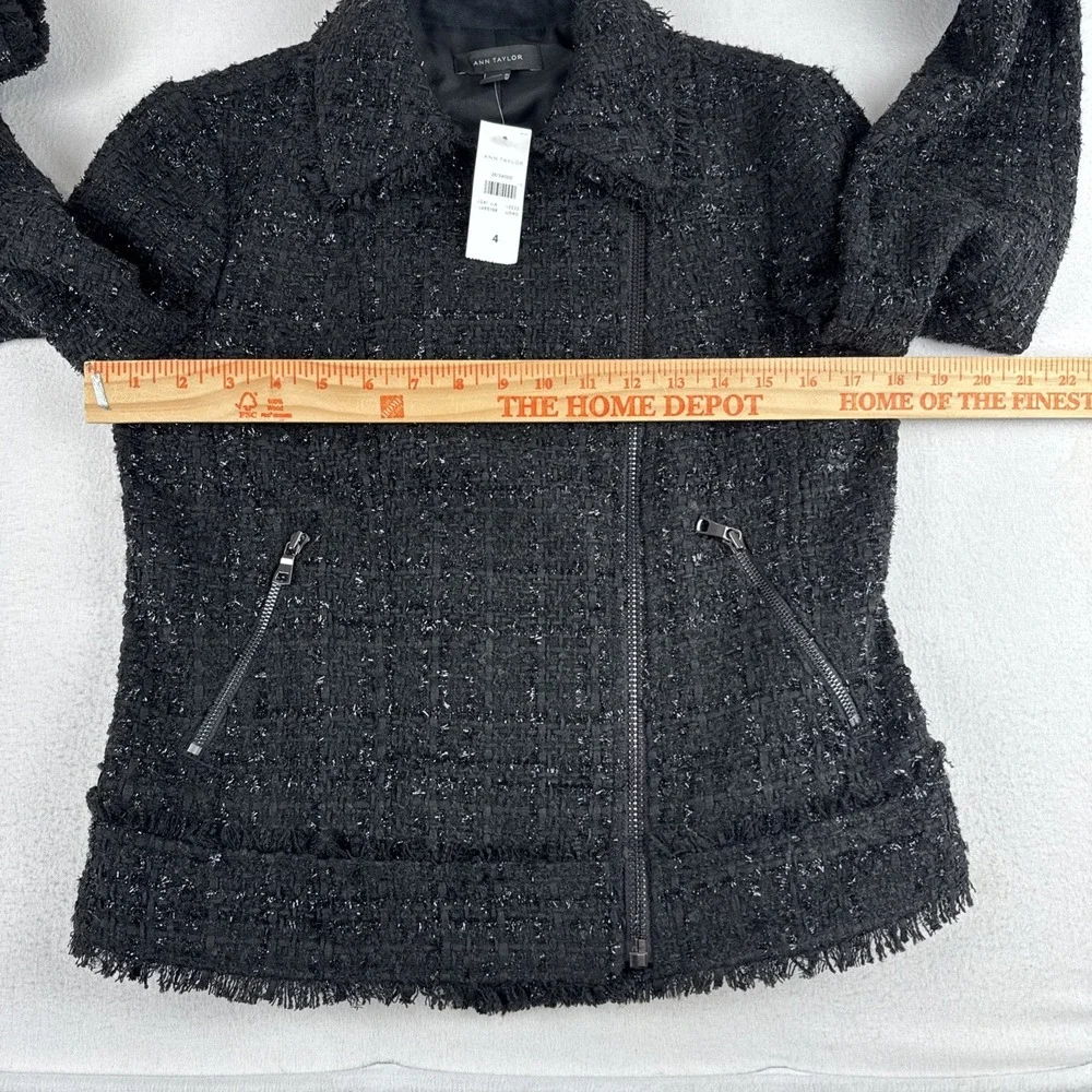 New! Ann Taylor Womens Black Tweed Sparkle Asymmetrical Zip Jacket Size 4